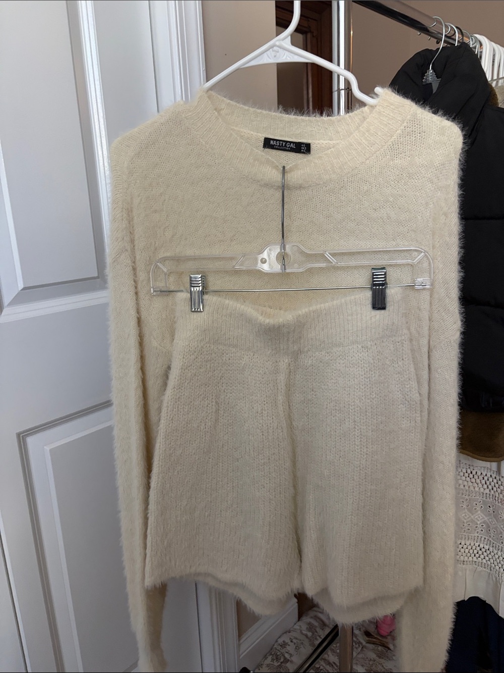 Nasty Gal Soft Cream Fuzzy Crewneck Sweater and short set